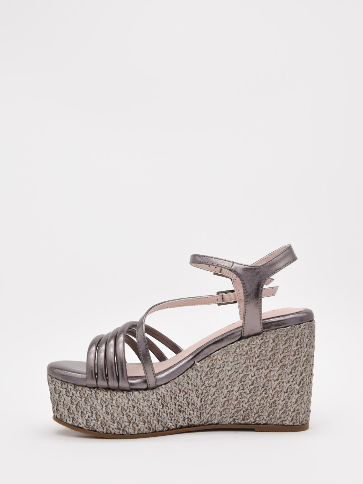 Metallic lead wedge sandals with thin straps and platform