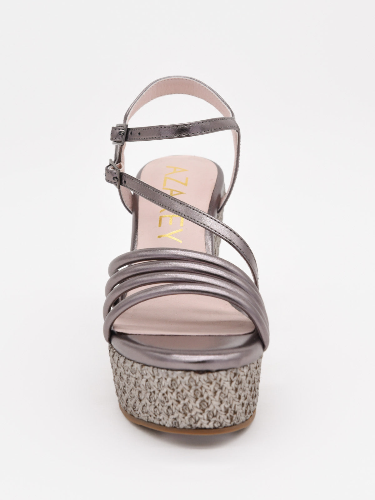 Metallic lead wedge sandals with thin straps and platform