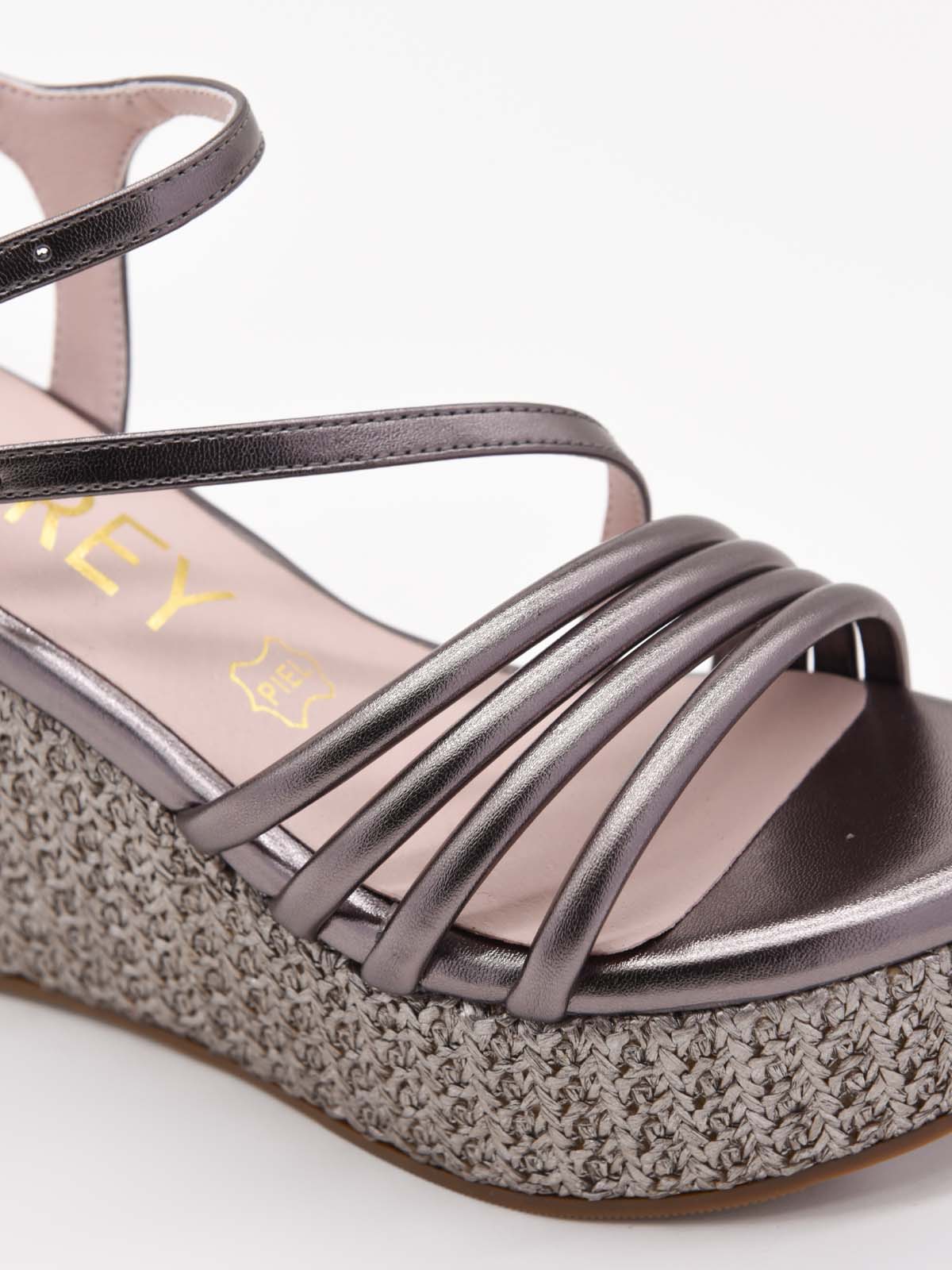 Metallic lead wedge sandals with thin straps and platform