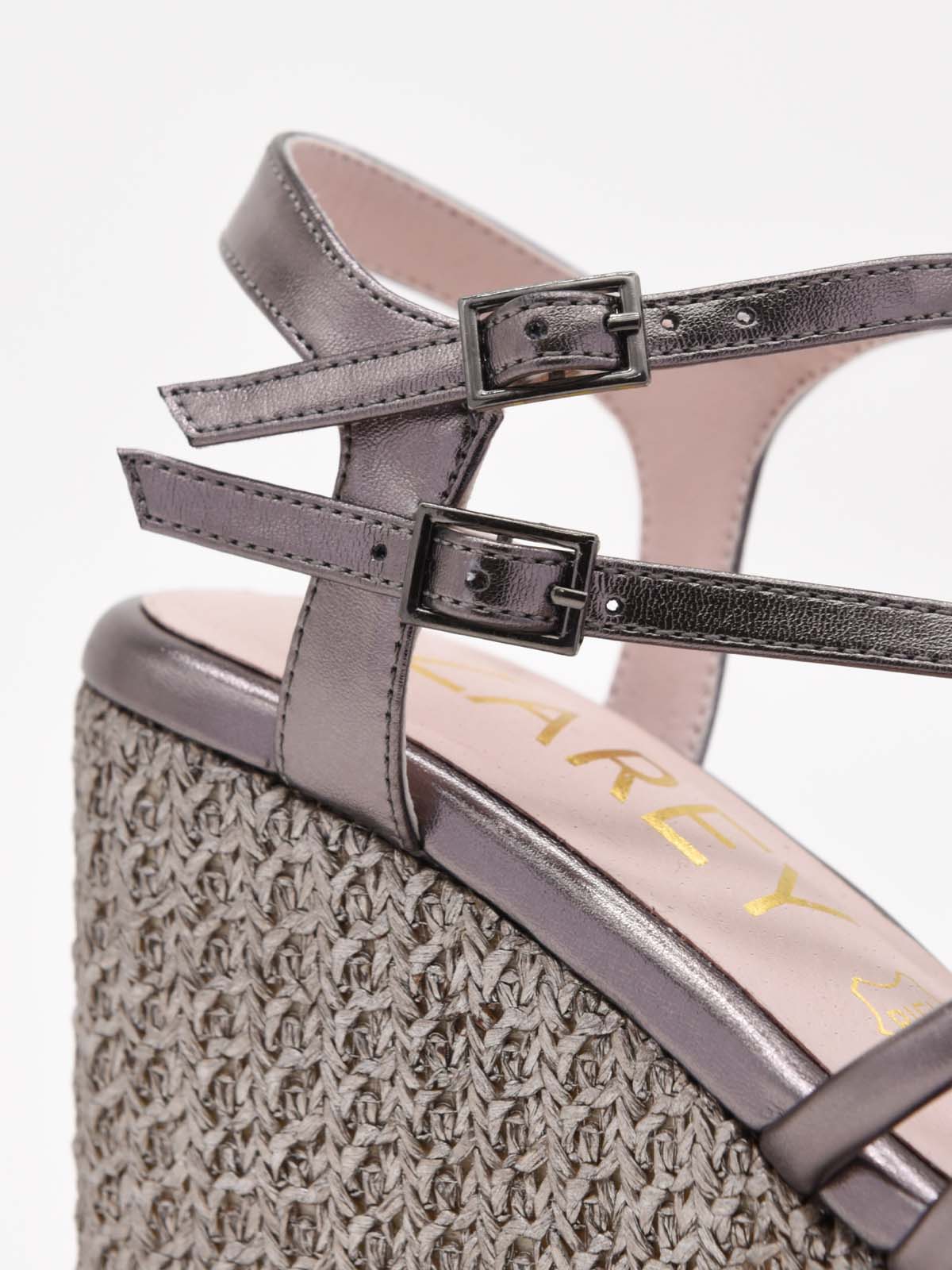 Metallic lead wedge sandals with thin straps and platform