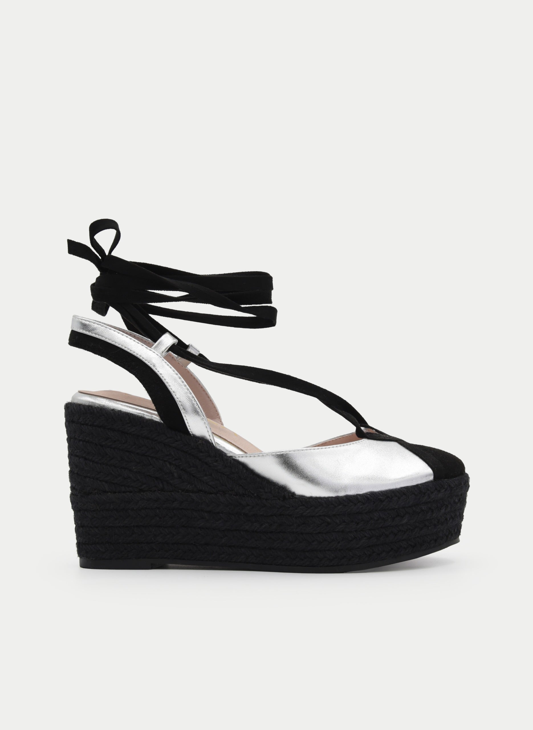 BLACK AND SILVER WEDGE SANDAL WITH TIE-UP