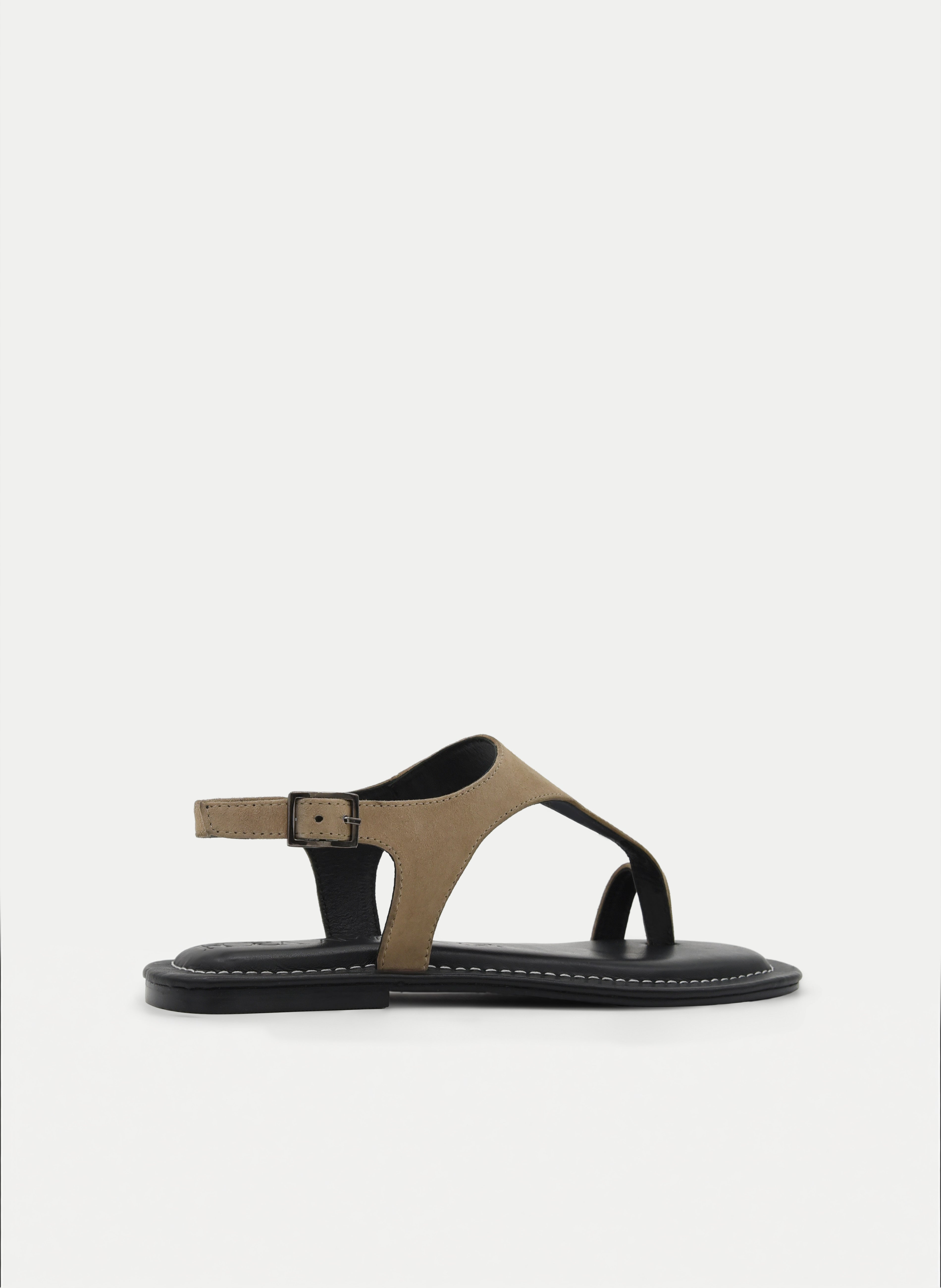 SANDALIA DE PIEL PLANA BEIGE CON TIRA EN T DE ROSA AMADA