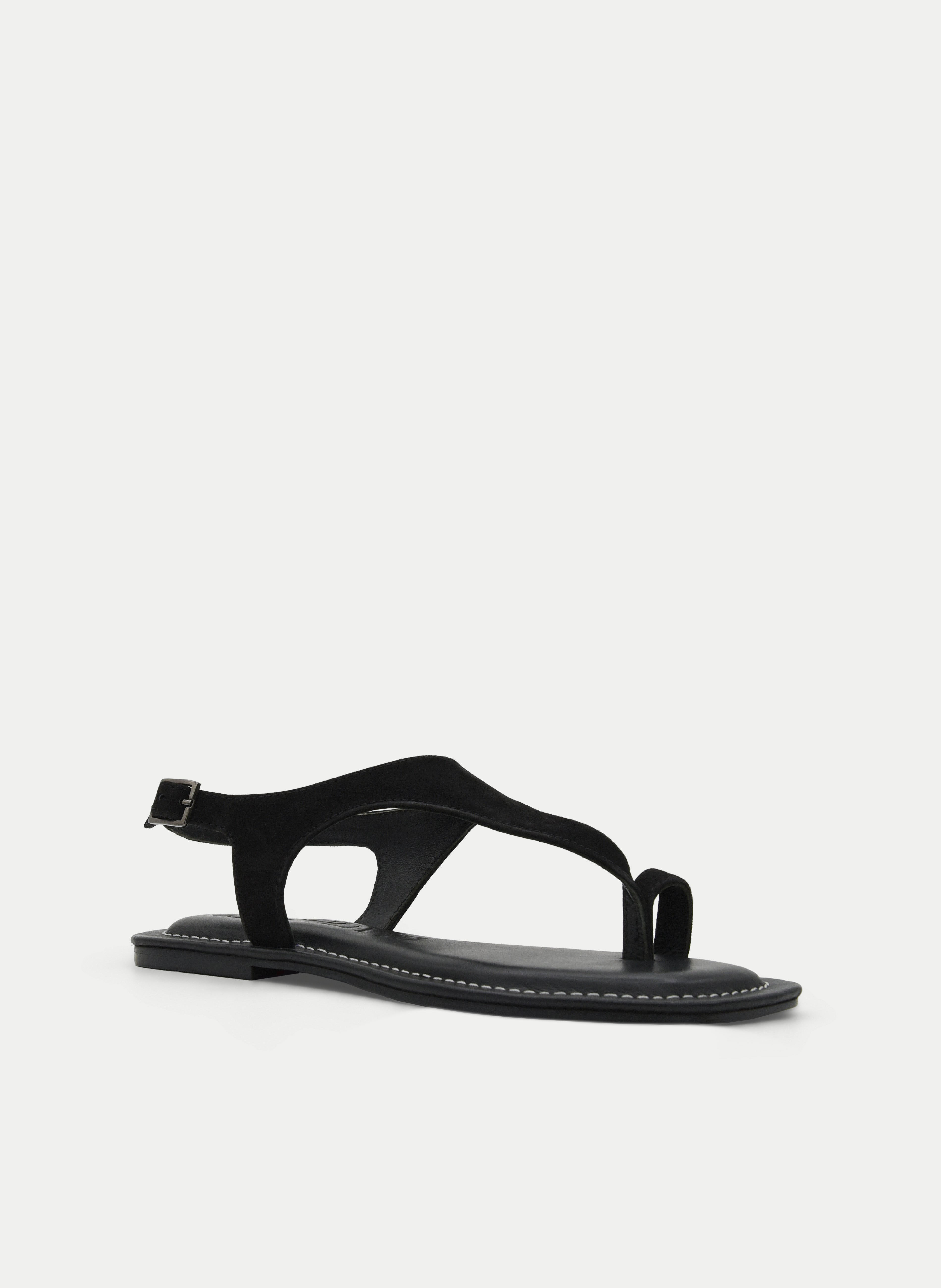SANDALIAS DE PIEL PLANAS NEGRAS DE DEDO CON HEBILLA
