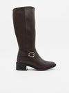 Brown high boot with side buckle and block heel