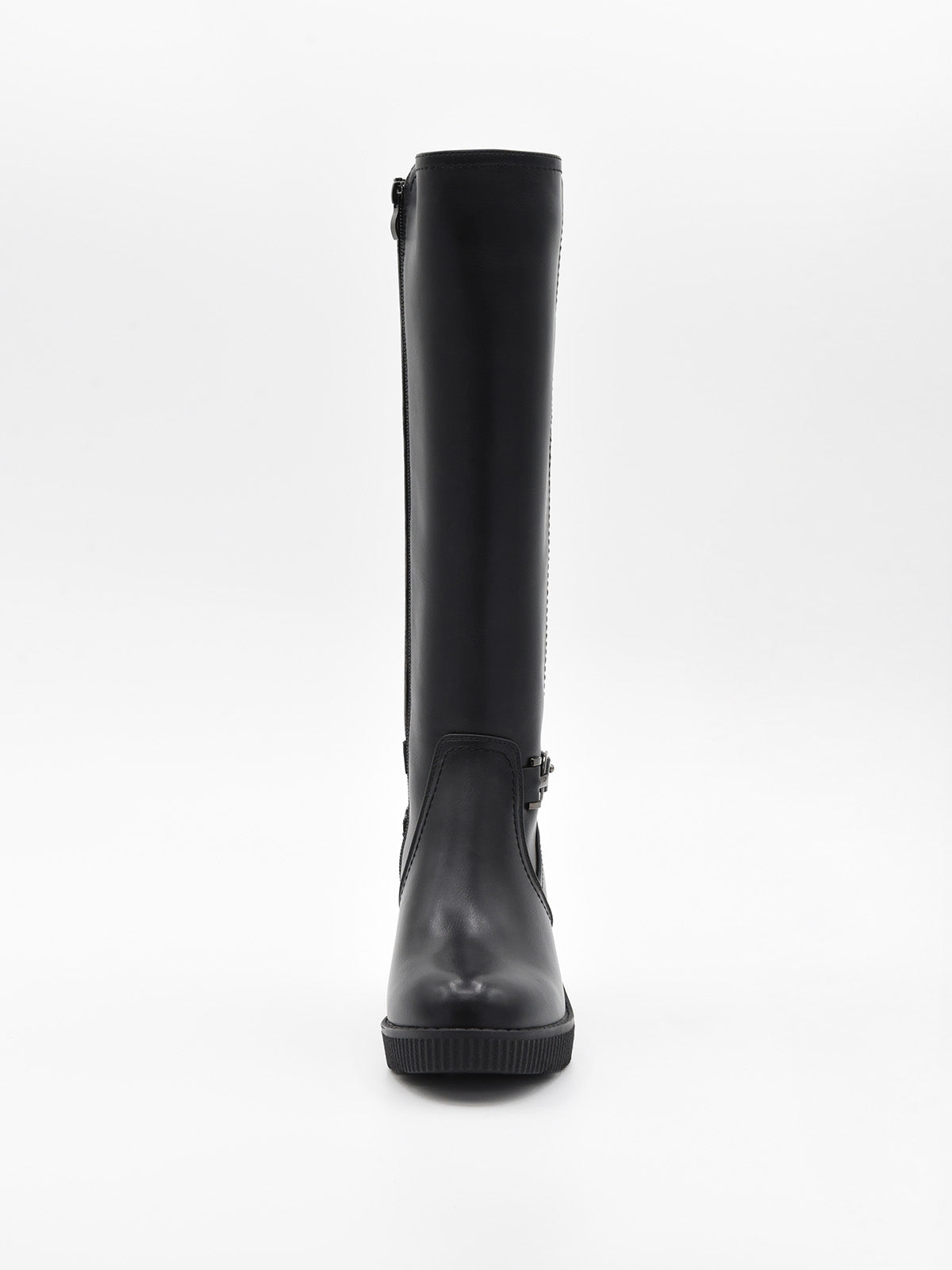 Black high-shaft wedge boot with buckle