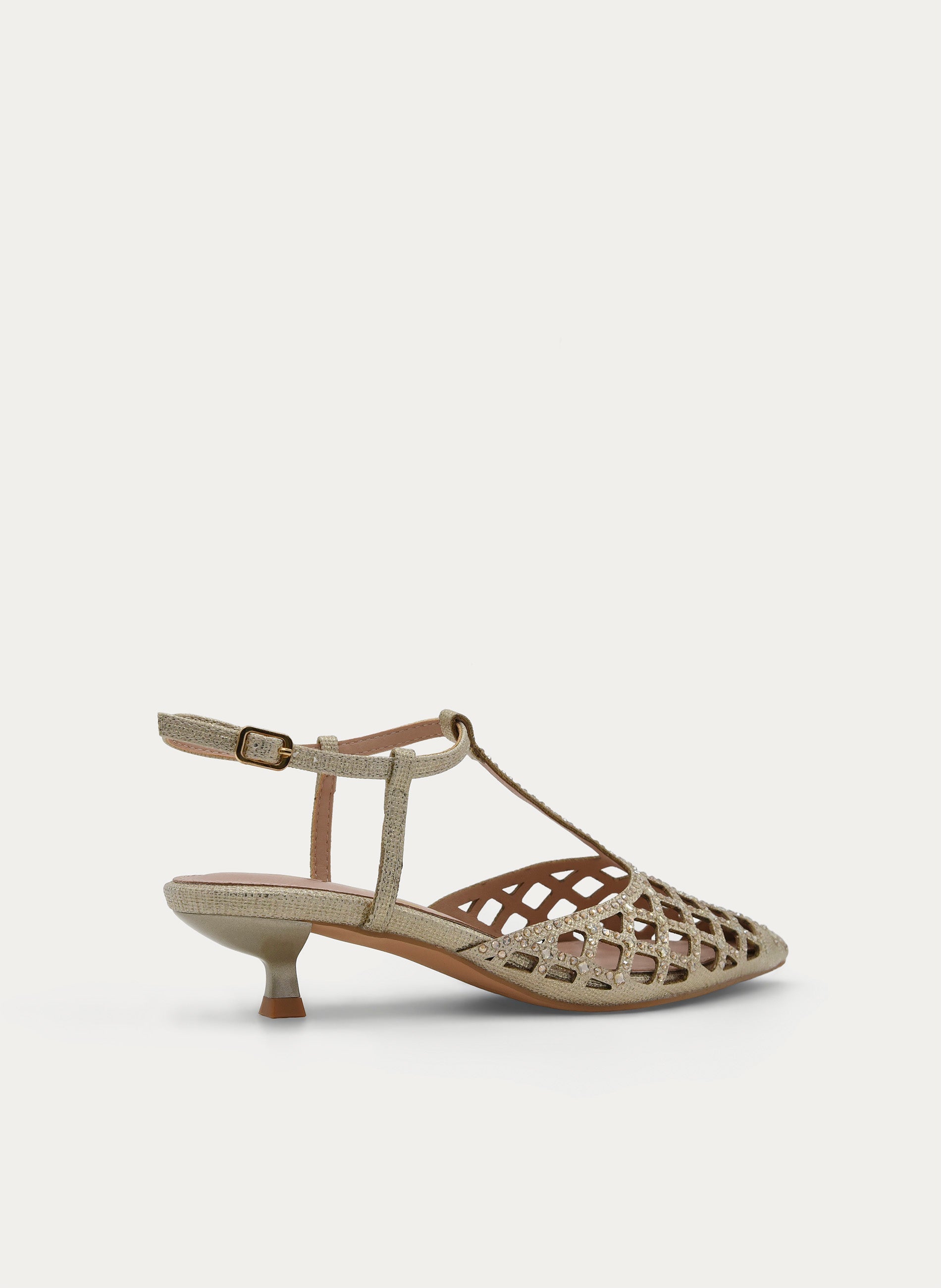 LOW HEEL GOLD SANDAL WITH GLITTER AND POINTED TOE