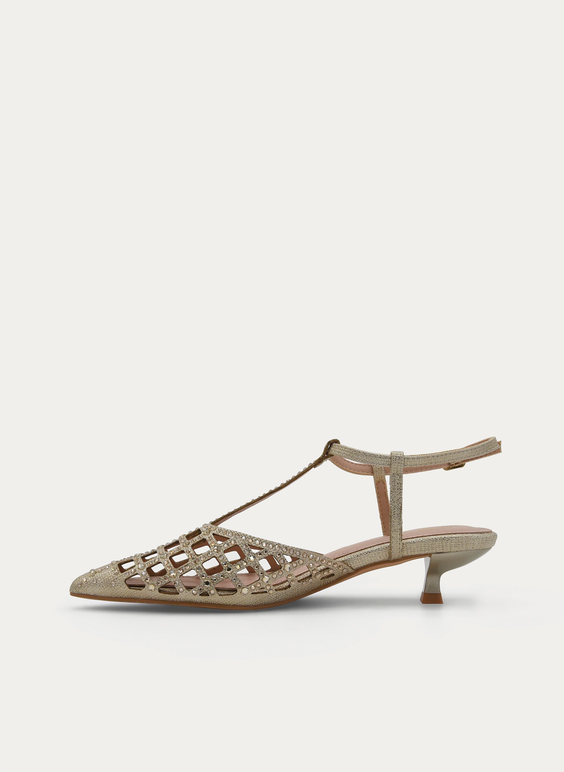 LOW HEEL GOLD SANDAL WITH GLITTER AND POINTED TOE