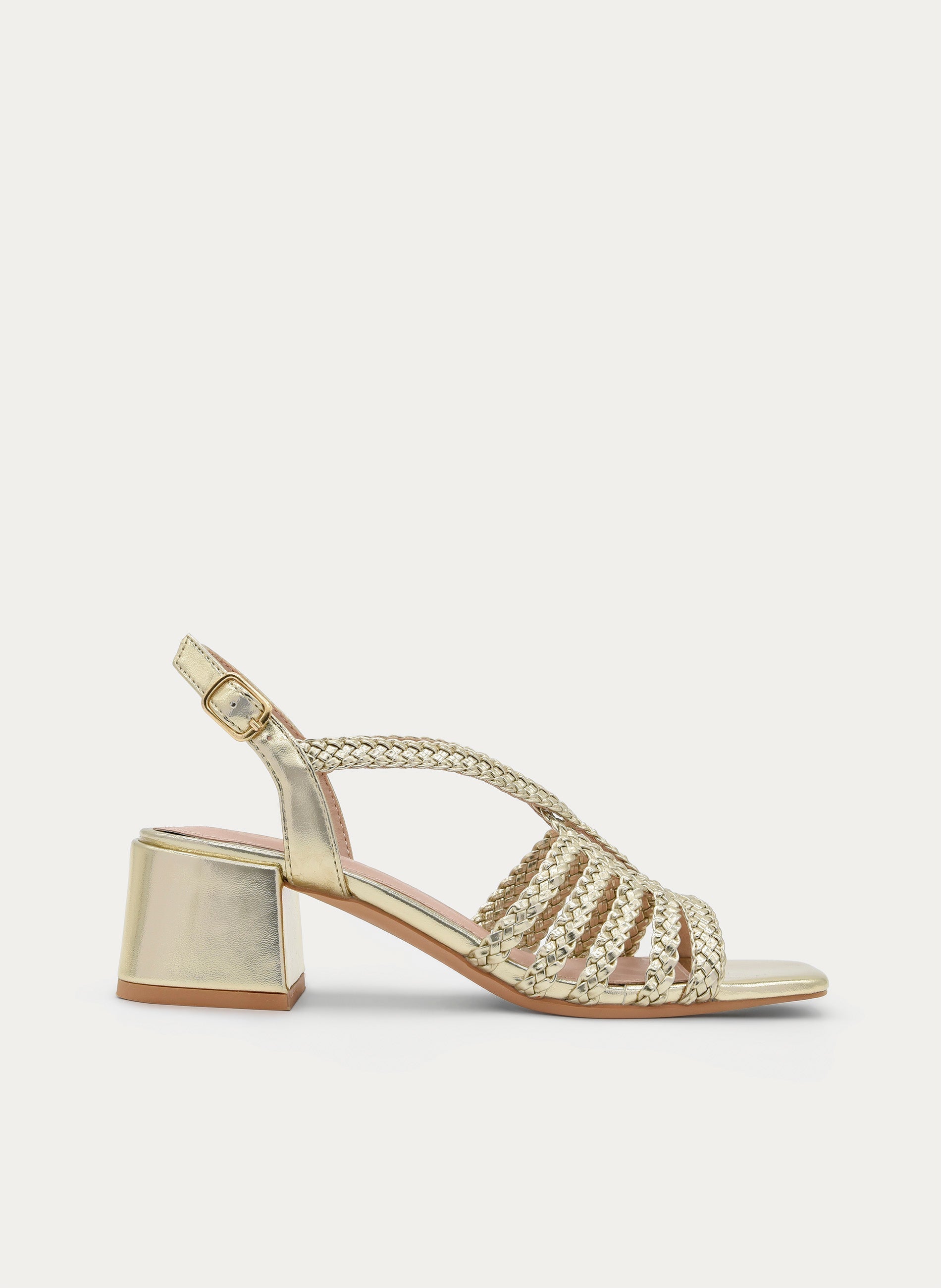 BRAIDED GOLD BLOCK HEEL SANDAL