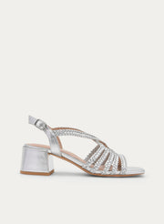 SILVER WOVEN BLOCK HEEL SANDAL