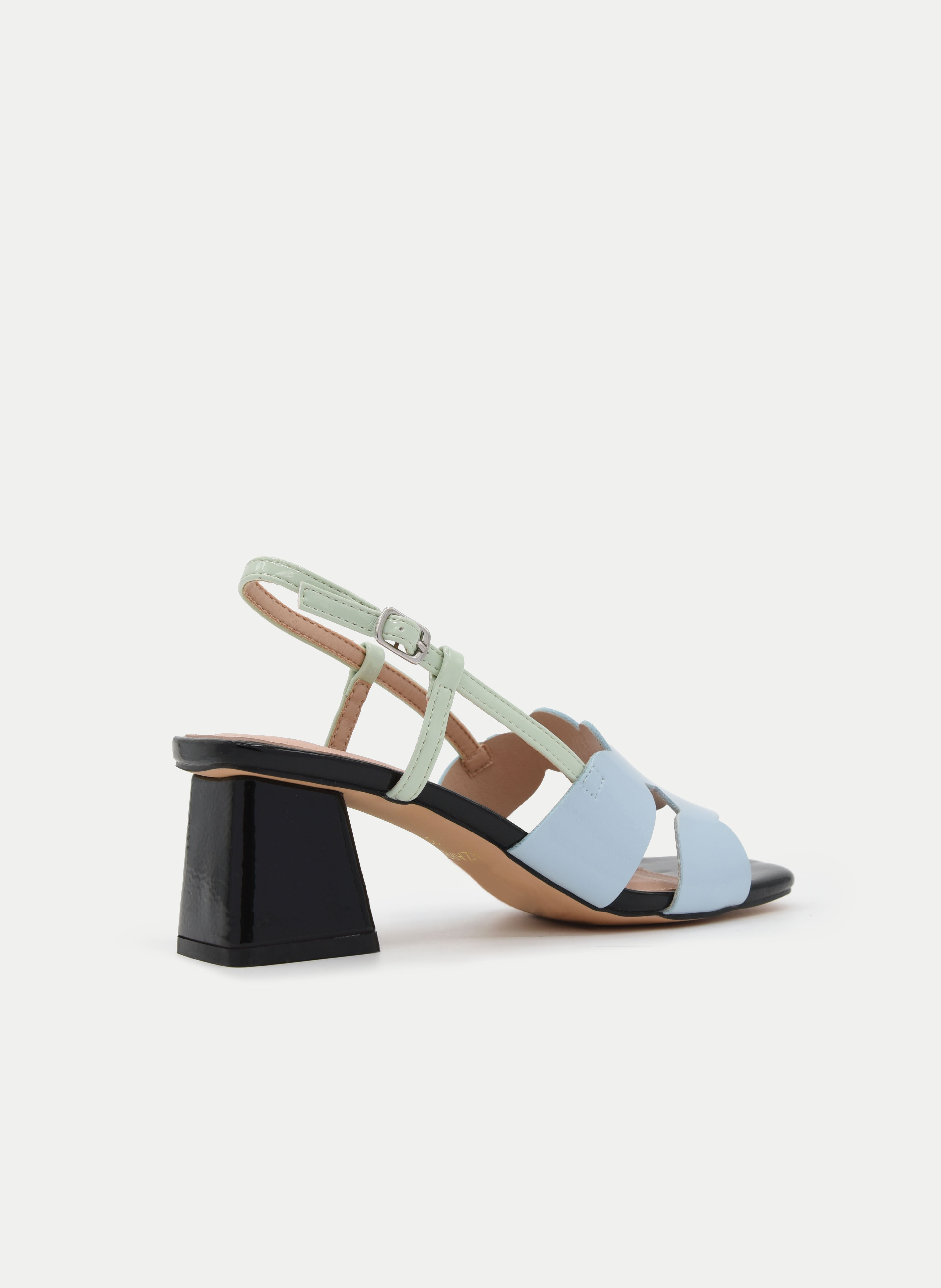 PASTEL BLUE SANDAL WITH GEOMETRIC BLACK HEEL