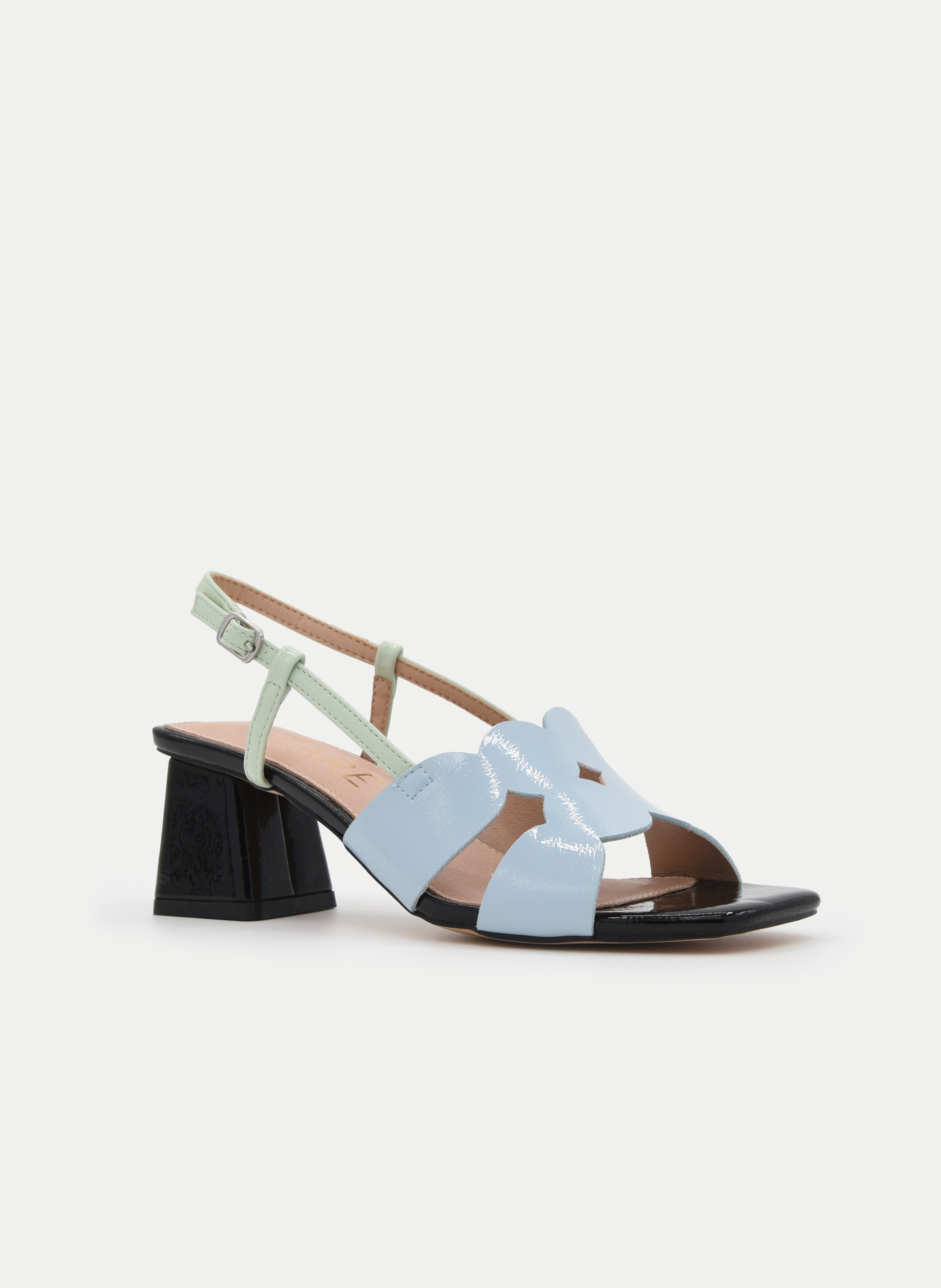 PASTEL BLUE SANDAL WITH GEOMETRIC BLACK HEEL