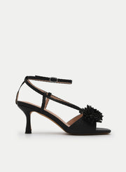 BLACK MEDIUM HEEL SANDALS WITH FLOWER