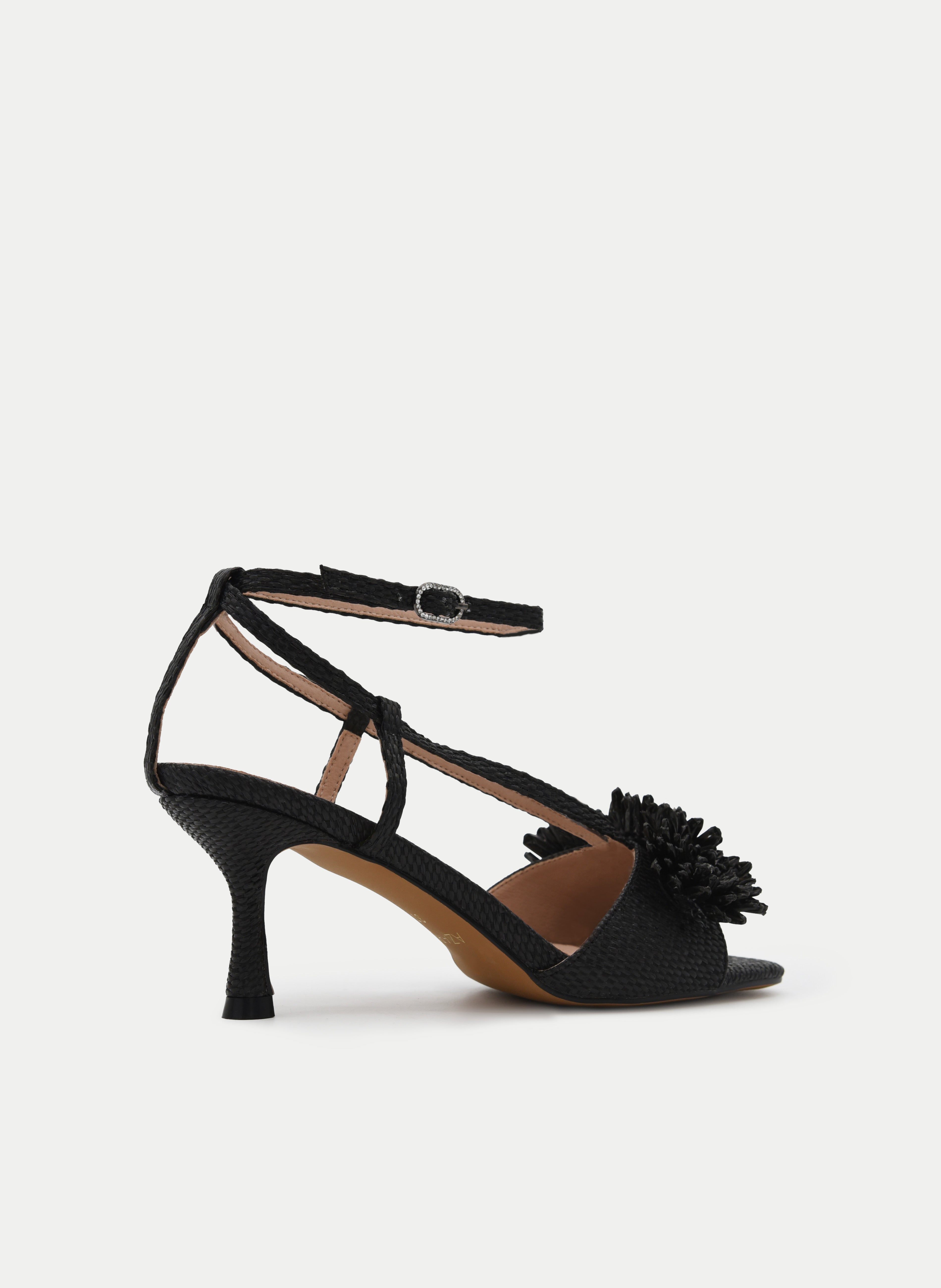 BLACK MEDIUM HEEL SANDALS WITH FLOWER