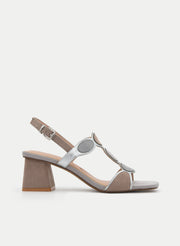 GREY AND SILVER METALLIC BLOCK HEEL SANDAL