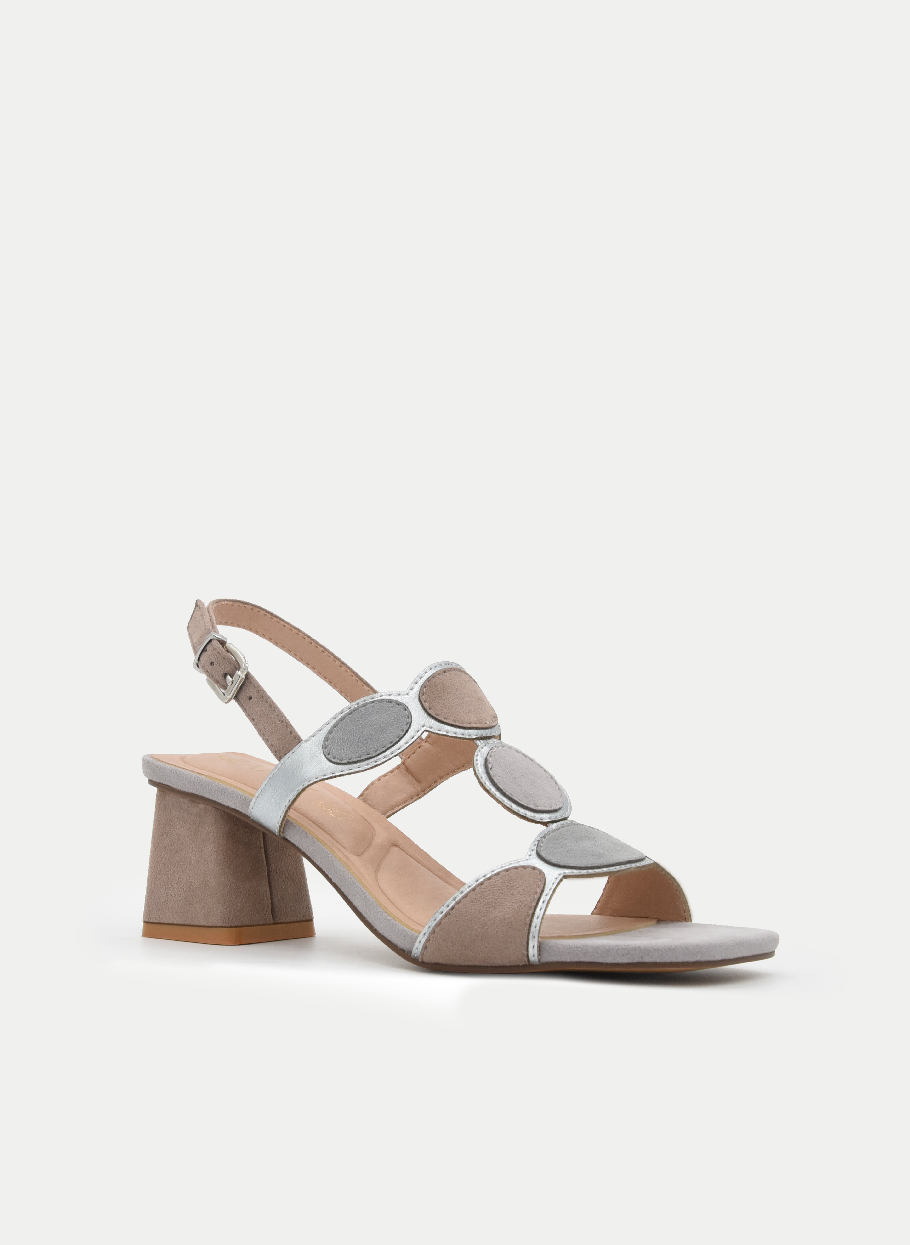 SANDALIA TACÓN ANCHO GRIS Y PLATA METALIZADA