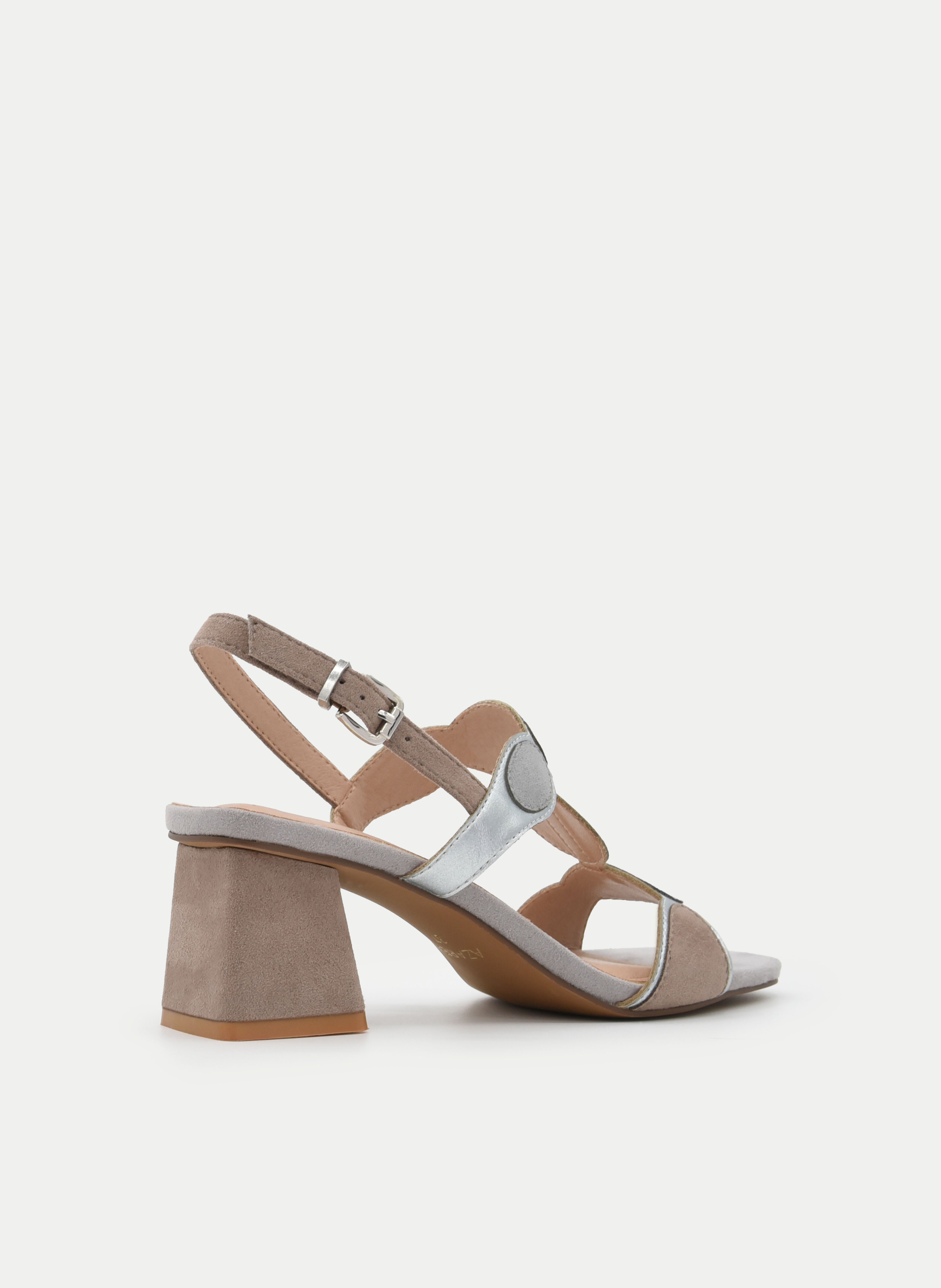 SANDALIA TACÓN ANCHO GRIS Y PLATA METALIZADA