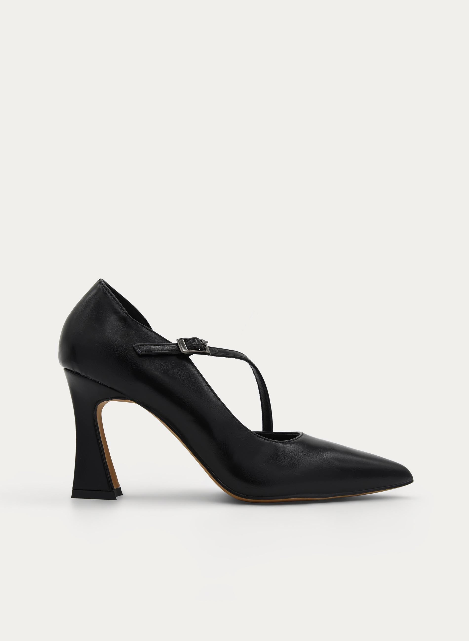 BLACK COURT SHOES WITH ANKLE STRAP AND BLOCK HEEL