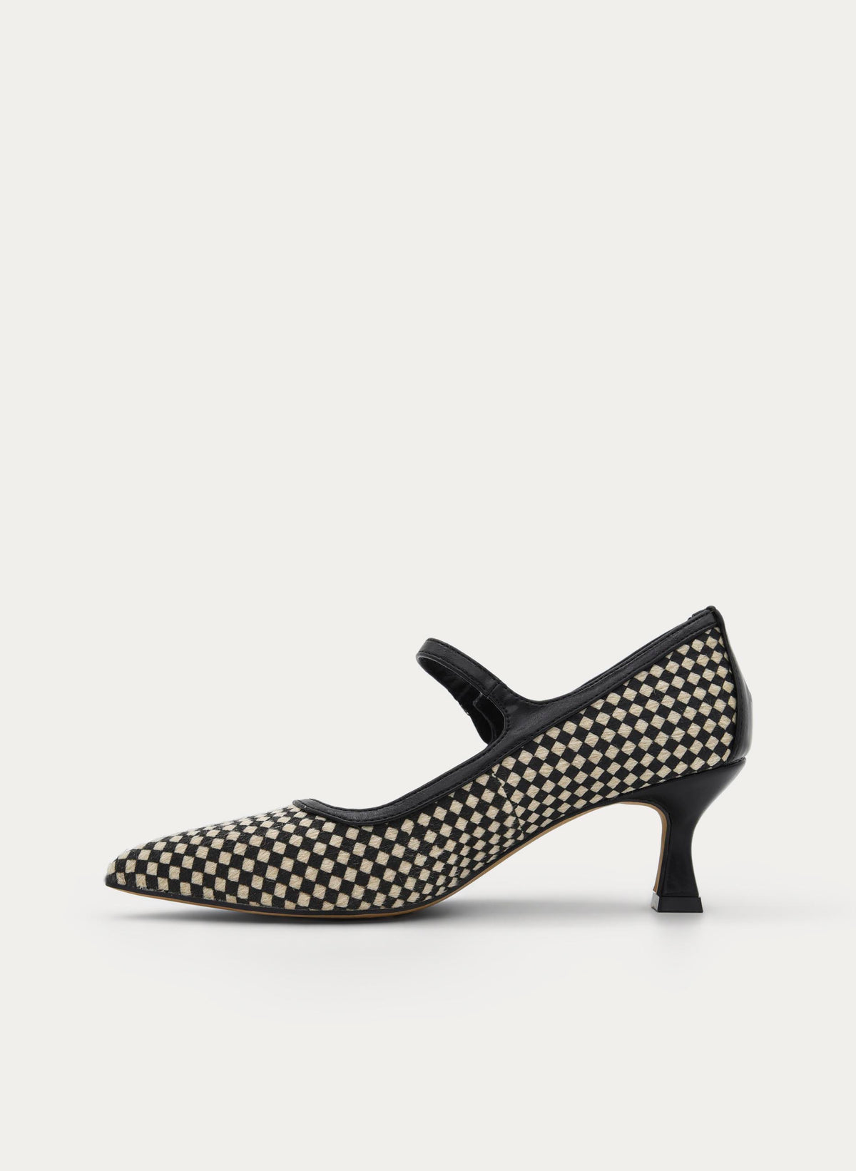 BEIGE TWO-TONE PLAID HEELS WITH ANKLE STRAP