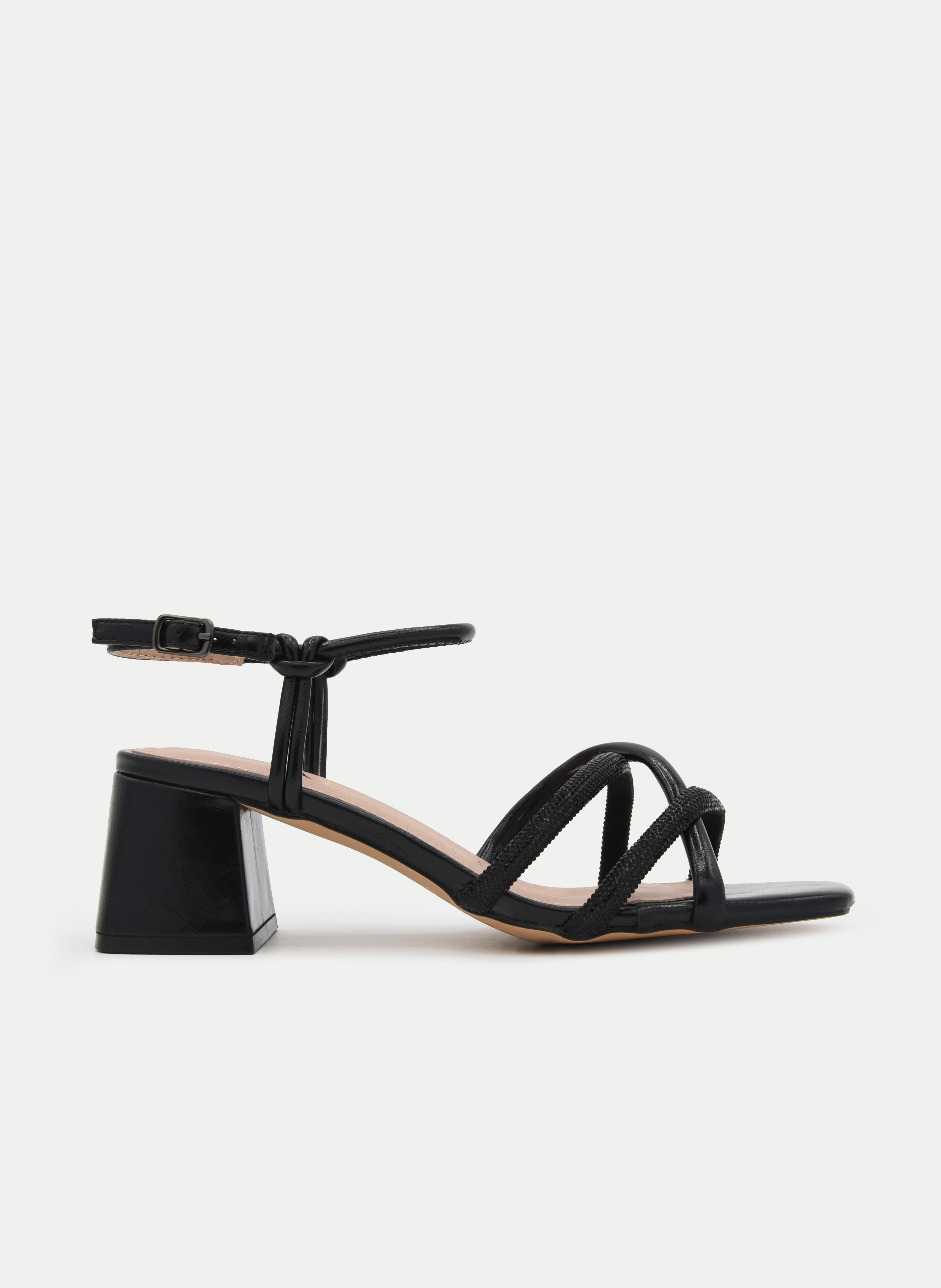 BLACK BLOCK HEEL SHINY STRAP SANDAL