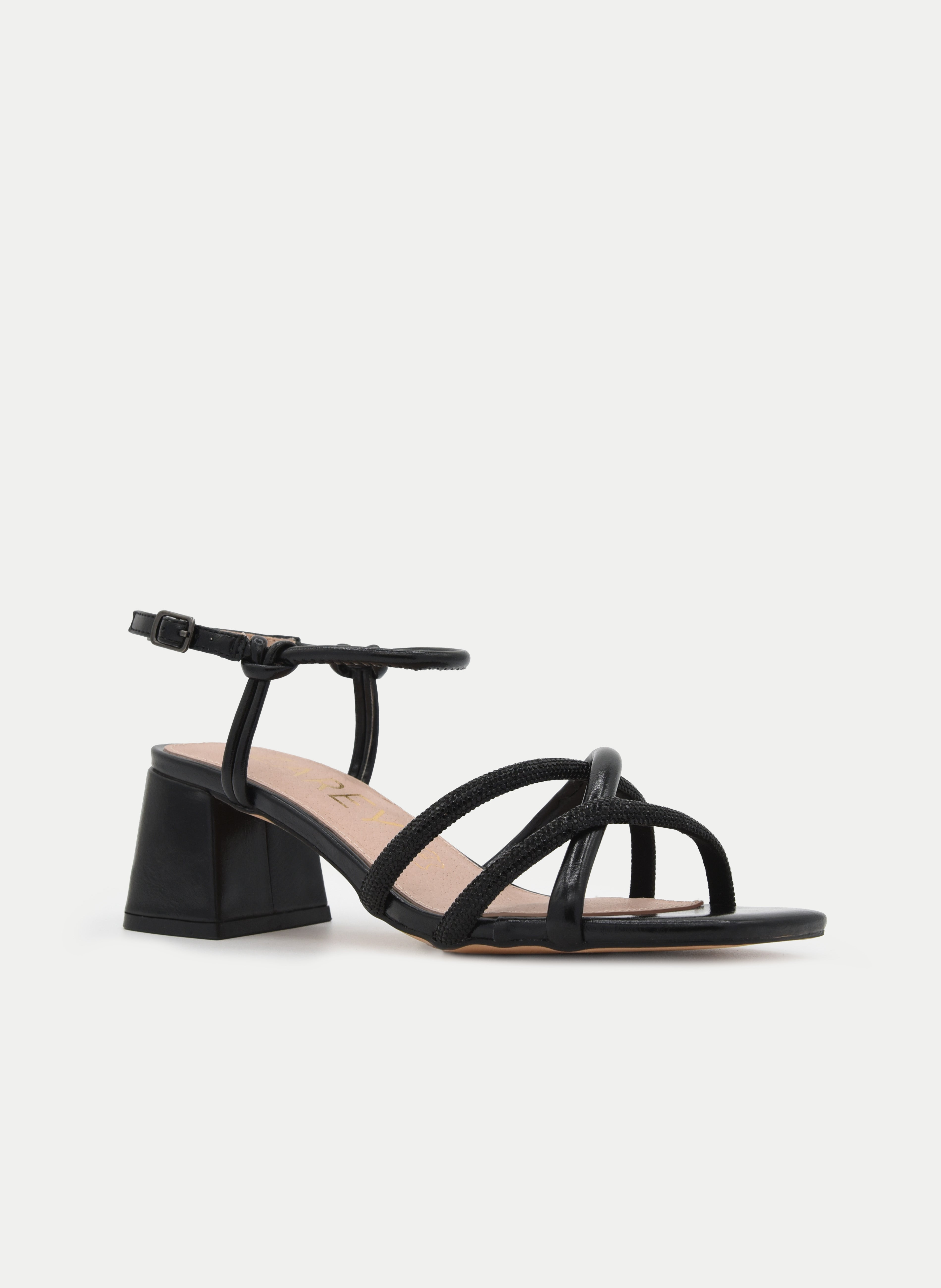 BLACK BLOCK HEEL SHINY STRAP SANDAL
