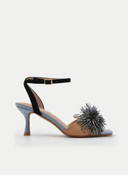 BLUE TWO-TONE JEWELED HEEL SANDALS