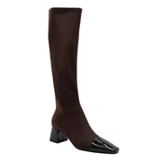 BROWN HIGH BOOT WIDE HEEL PATENT TOE