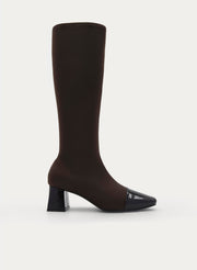 BROWN HIGH BOOT WIDE HEEL PATENT TOE