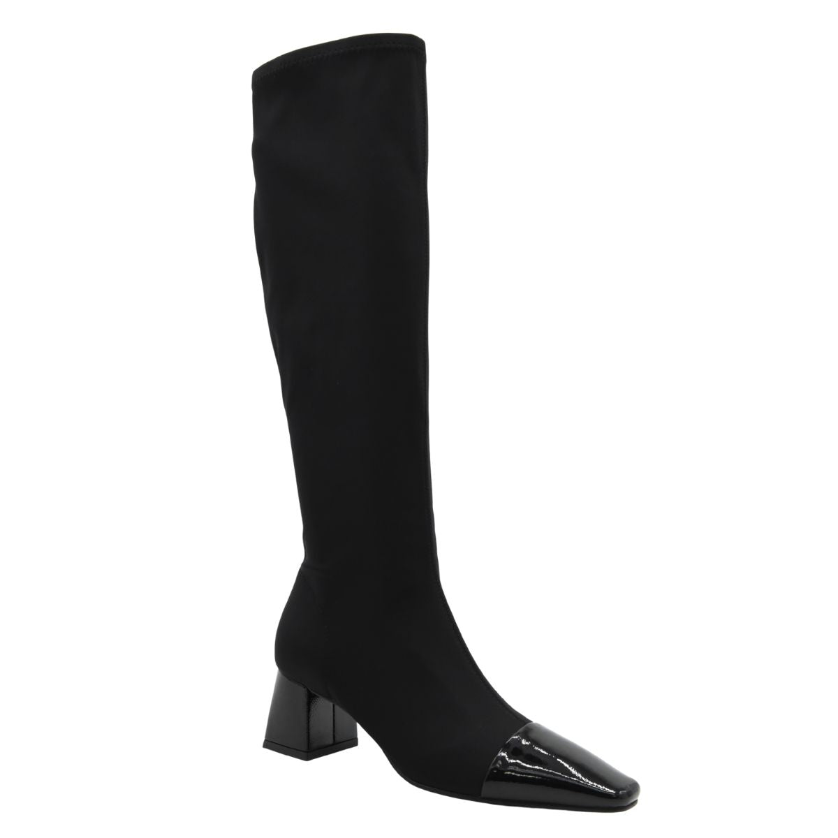 BLACK HIGH BOOT WITH WIDE HEEL AND PATENT LEATHER TOE