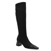 BLACK HIGH BOOT WITH WIDE HEEL AND PATENT LEATHER TOE