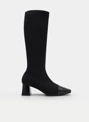 BLACK HIGH BOOT WITH WIDE HEEL AND PATENT LEATHER TOE