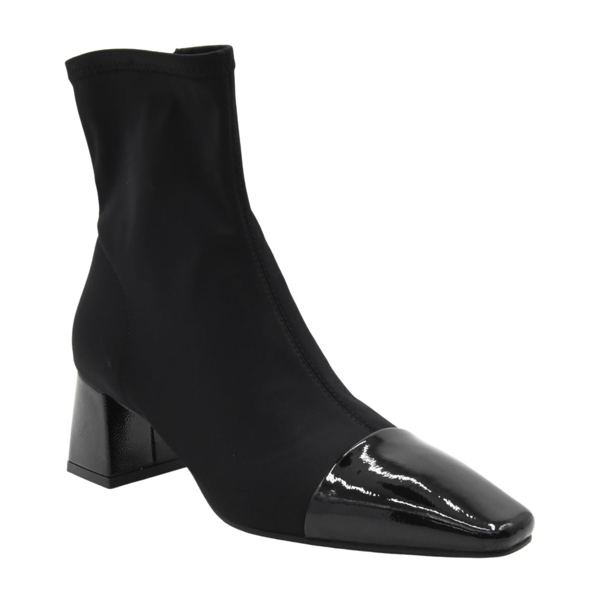 BLACK HEELED ANKLE BOOT WITH PATENT TOE CAP