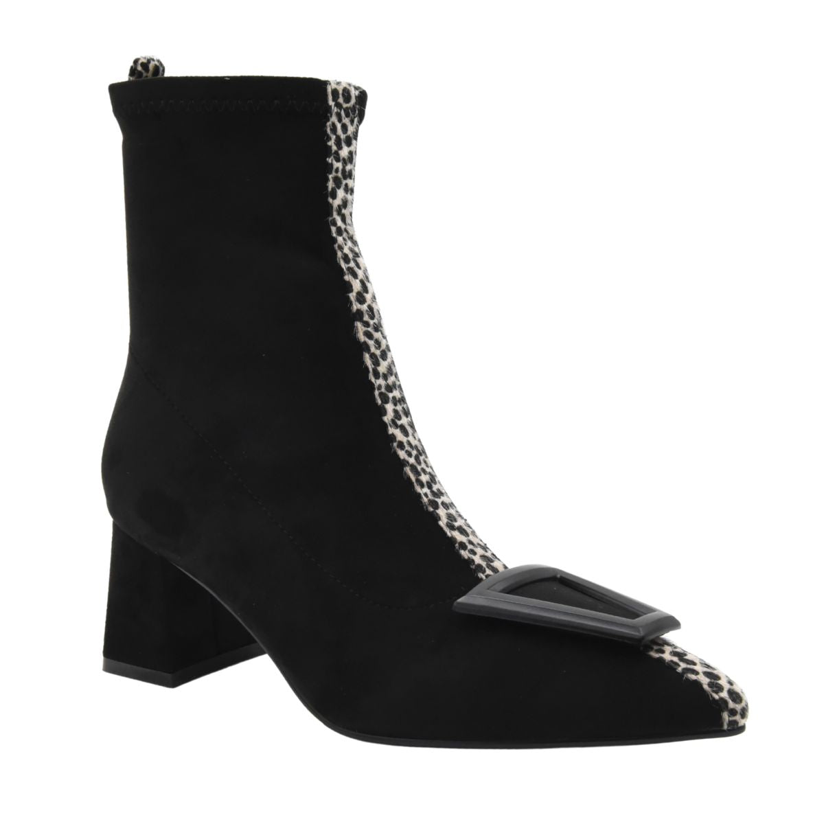BLACK ANIMAL PRINT BLOCK HEEL ANKLE BOOT WITH BUCKLE