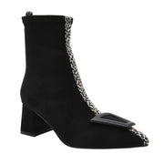 BLACK ANIMAL PRINT BLOCK HEEL ANKLE BOOT WITH BUCKLE