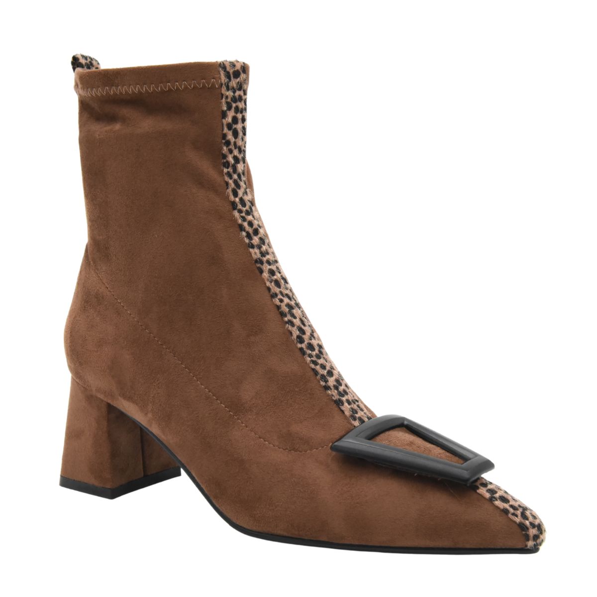 TAUPE ANKLE BOOT WIDE HEEL ANIMAL PRINT BUCKLE