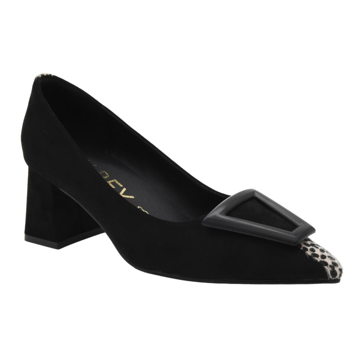 BLACK WIDE-HEELED COURT SHOE WITH BUCKLE DETAIL