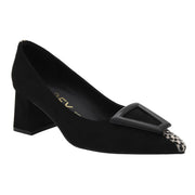 BLACK WIDE-HEELED COURT SHOE WITH BUCKLE DETAIL