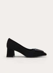 BLACK WIDE-HEELED COURT SHOE WITH BUCKLE DETAIL