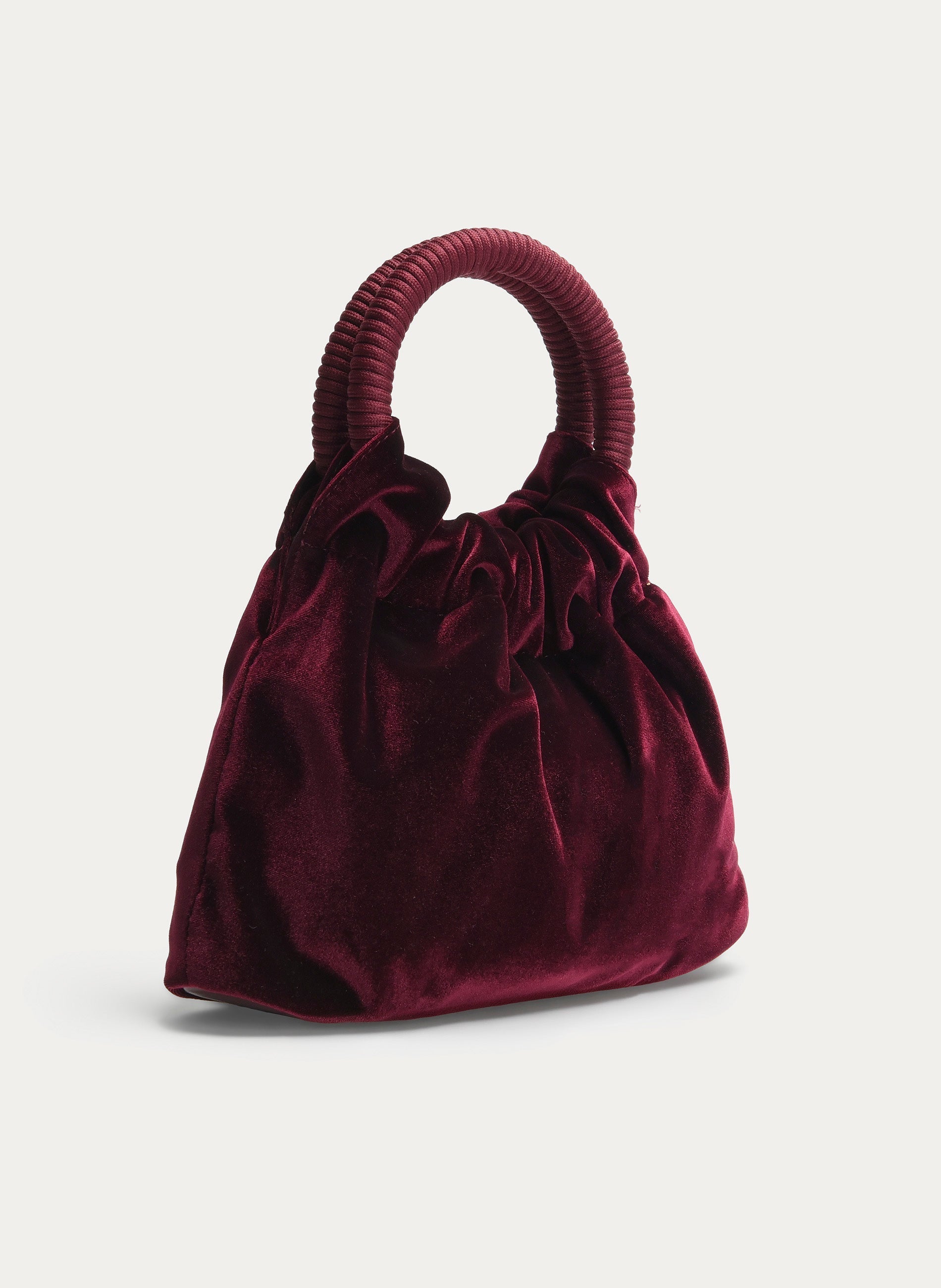 BURGUNDY VELVET PARTY BAG WITH GATHERED HANDLE