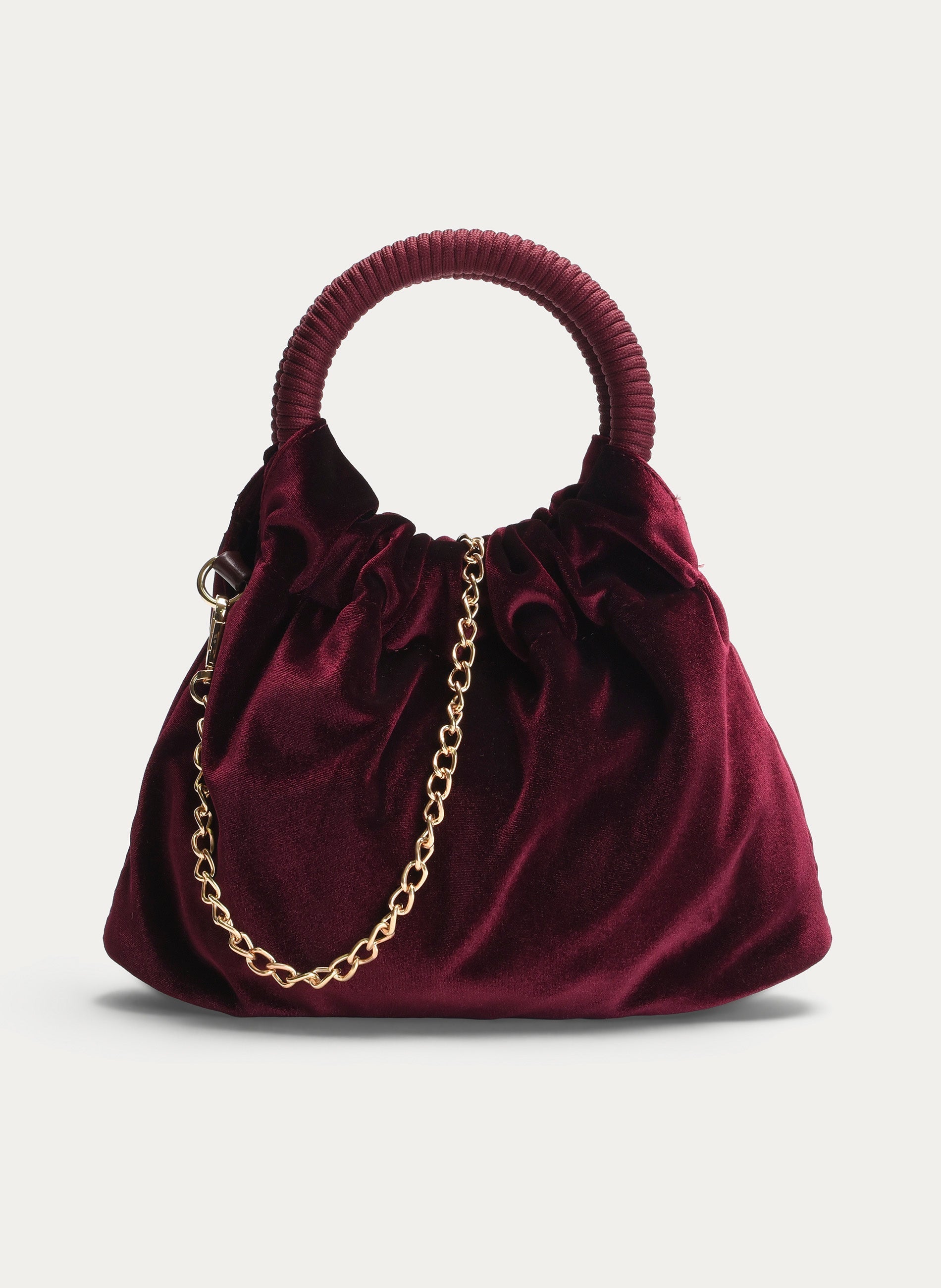 BURGUNDY VELVET PARTY BAG WITH GATHERED HANDLE