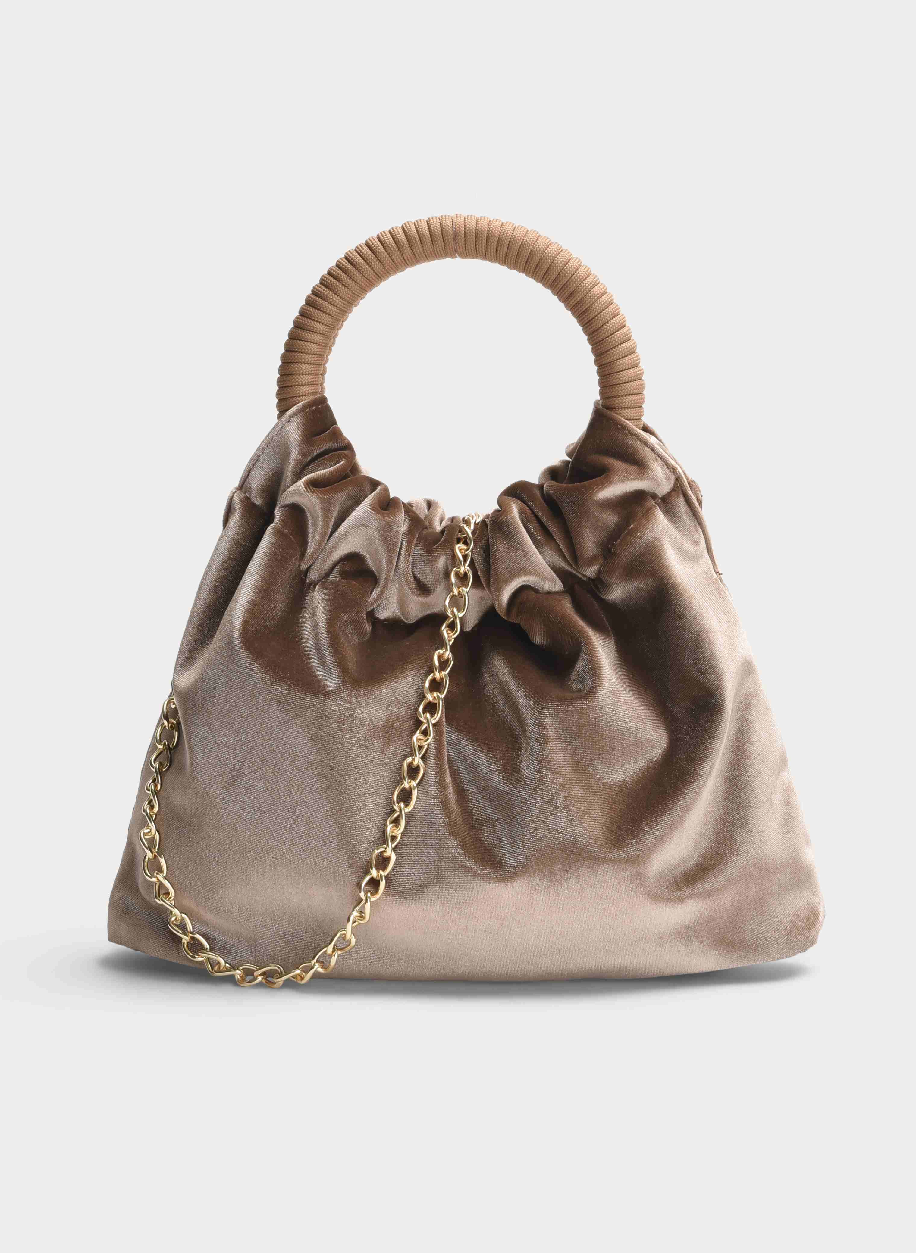 TAUPE VELVET GATHERED HANDLE PARTY BAG