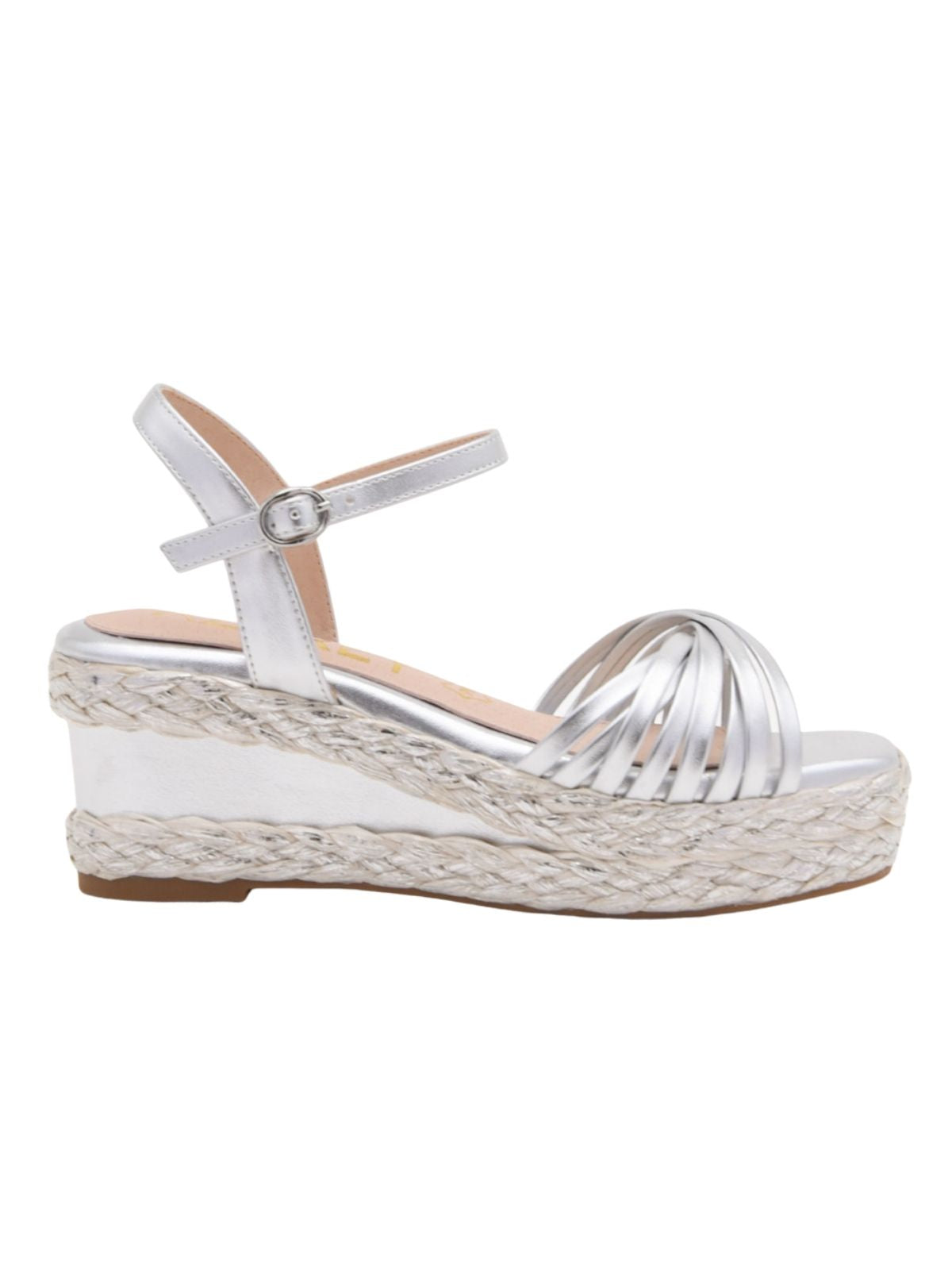 Silver wedge sandals with a woven platform and elegant straps