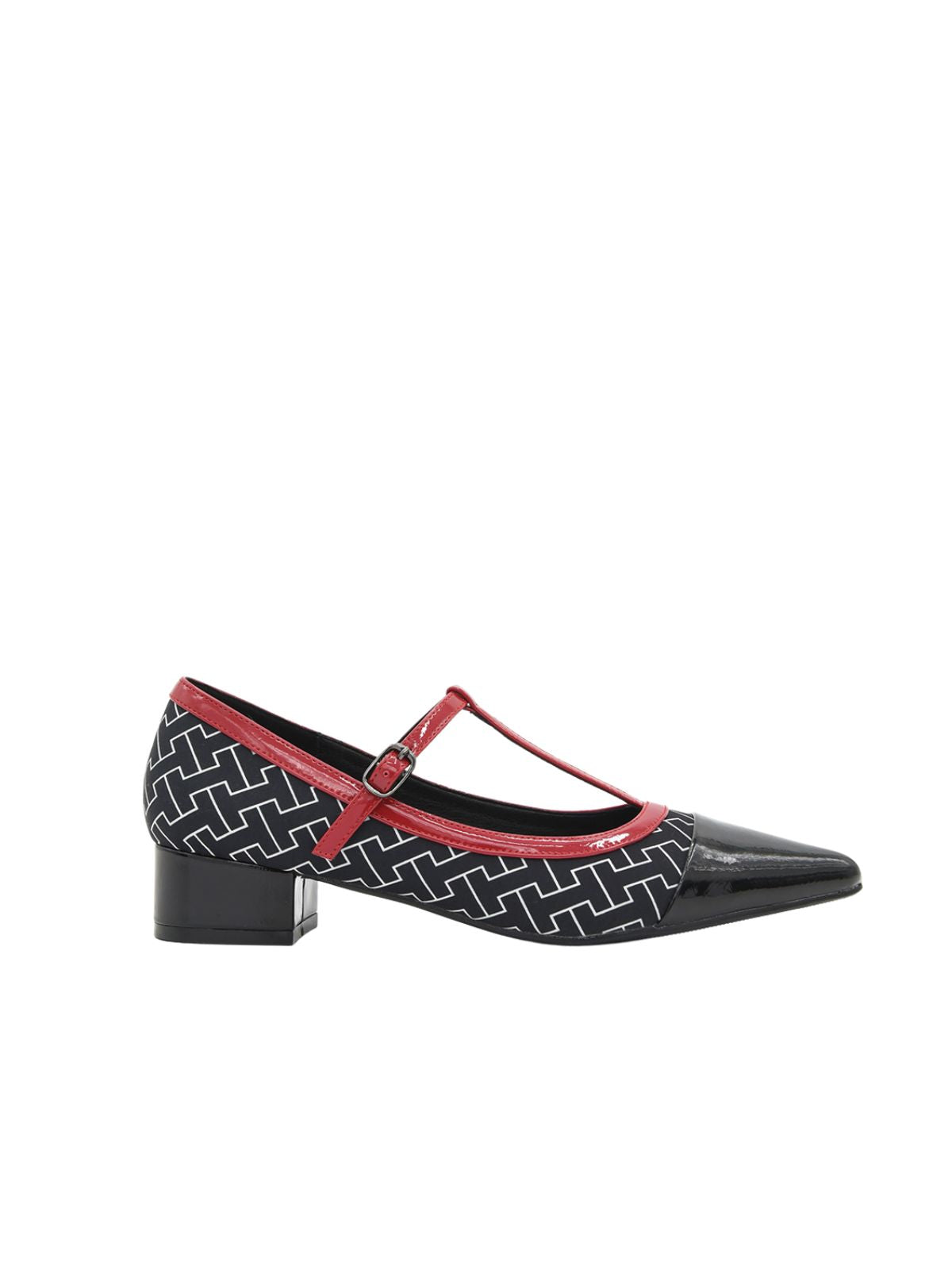 Zapato Negro para Mujer con Estampado Geométrico y Ribete Rojo