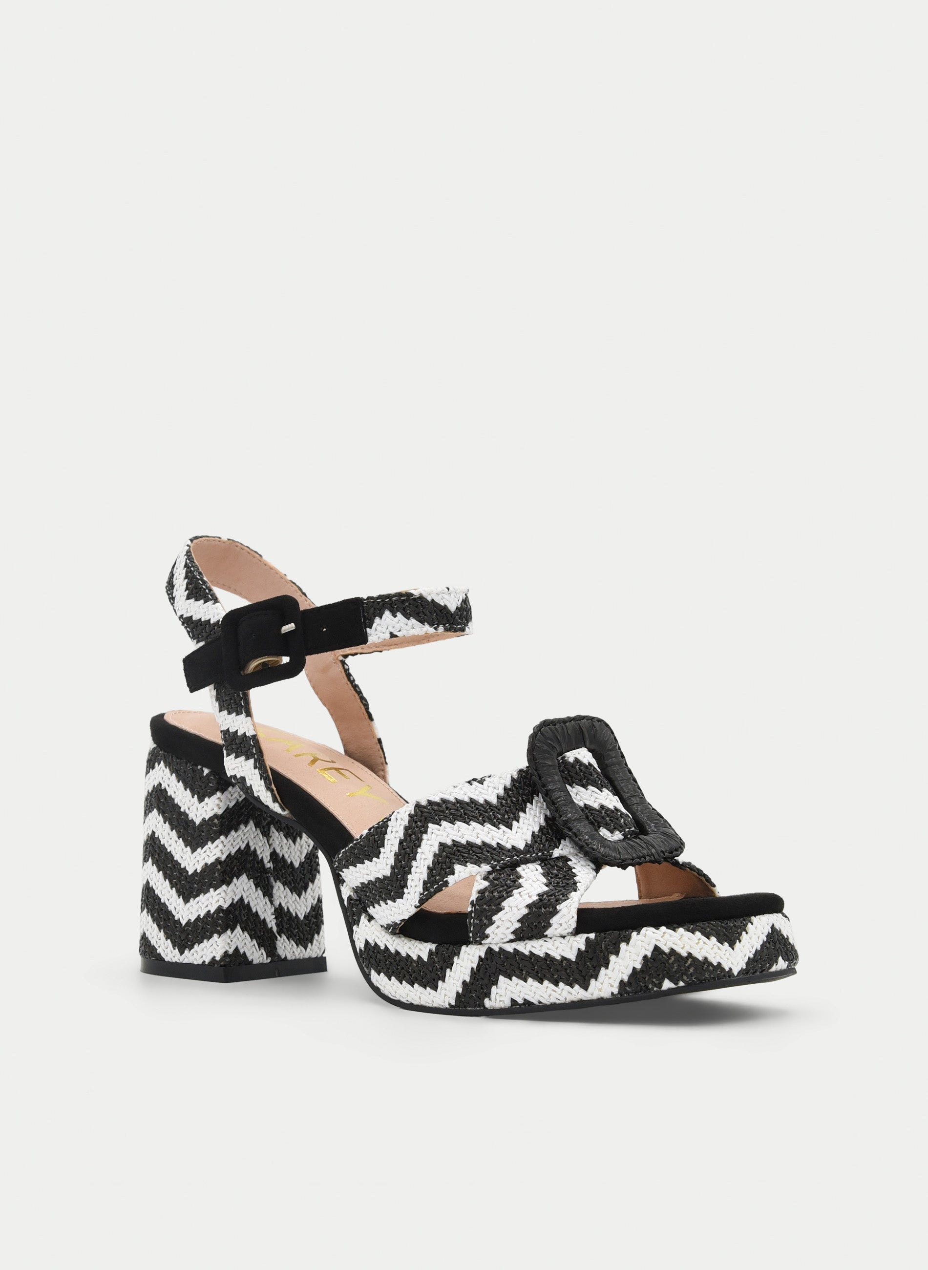 WOVEN BLACK AND WHITE PLATFORM HEEL SANDAL WITH BUCKLE