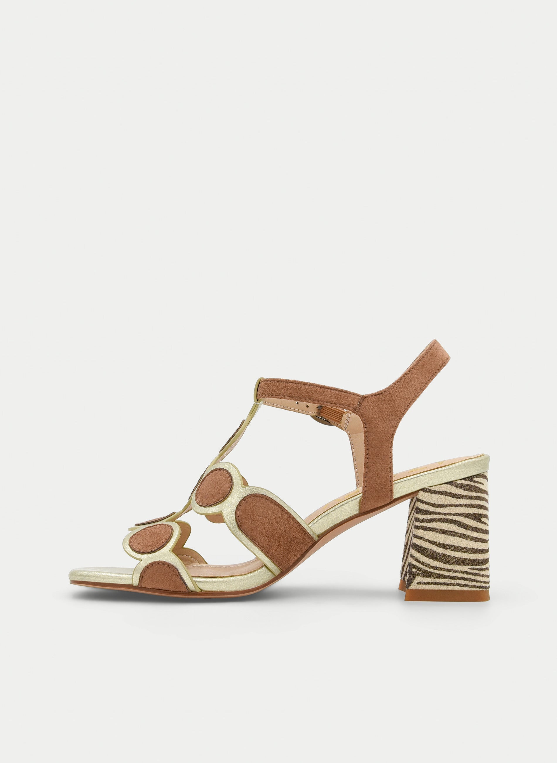 CAMEL SANDAL WITH ANIMAL PRINT HEEL AND CIRCLE DETAILS