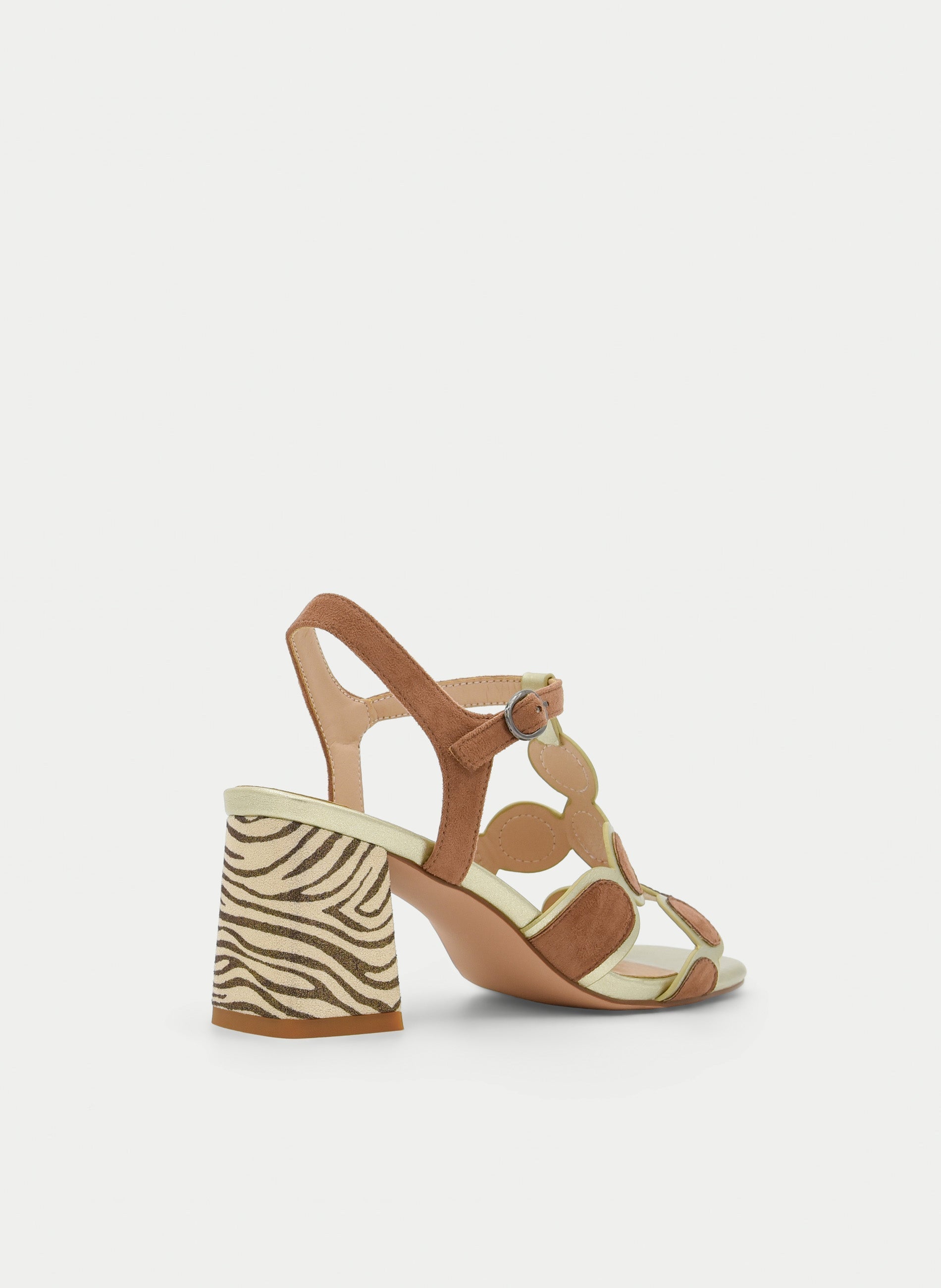 CAMEL SANDAL WITH ANIMAL PRINT HEEL AND CIRCLE DETAILS