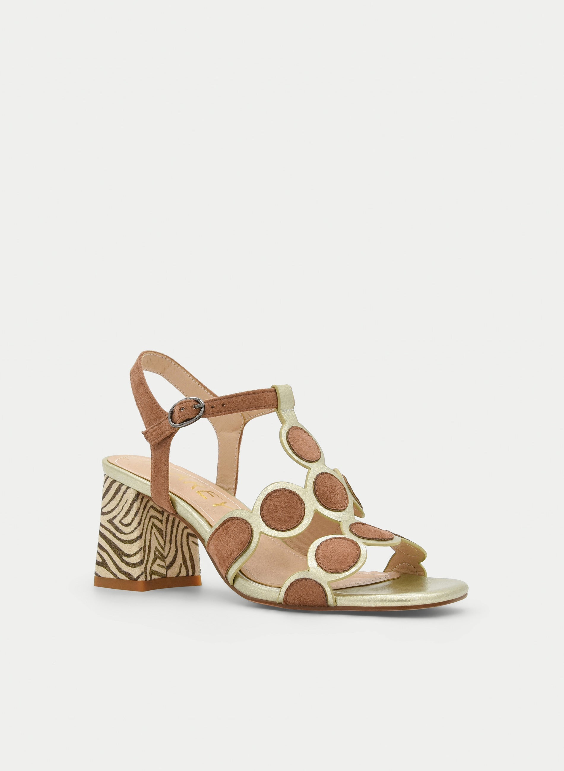CAMEL SANDAL WITH ANIMAL PRINT HEEL AND CIRCLE DETAILS