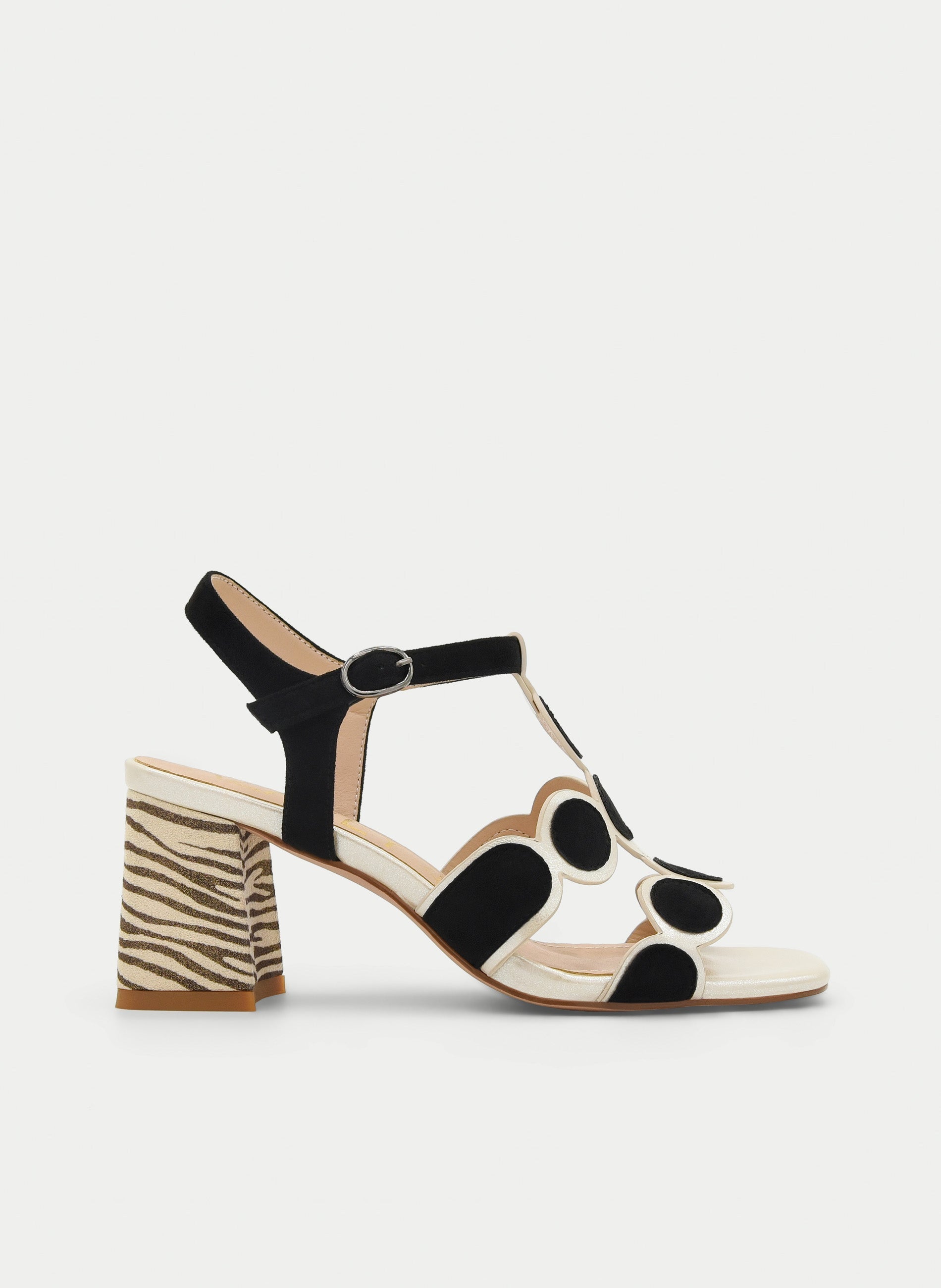 BLACK AND WHITE GEOMETRIC ANIMAL PRINT HEEL SANDAL