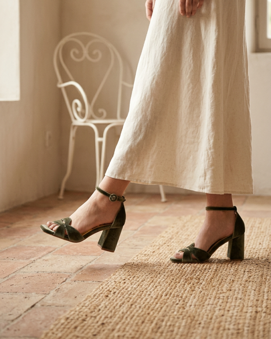 SANDALIA DE TERCIOPELO VERDE ELEGANTE