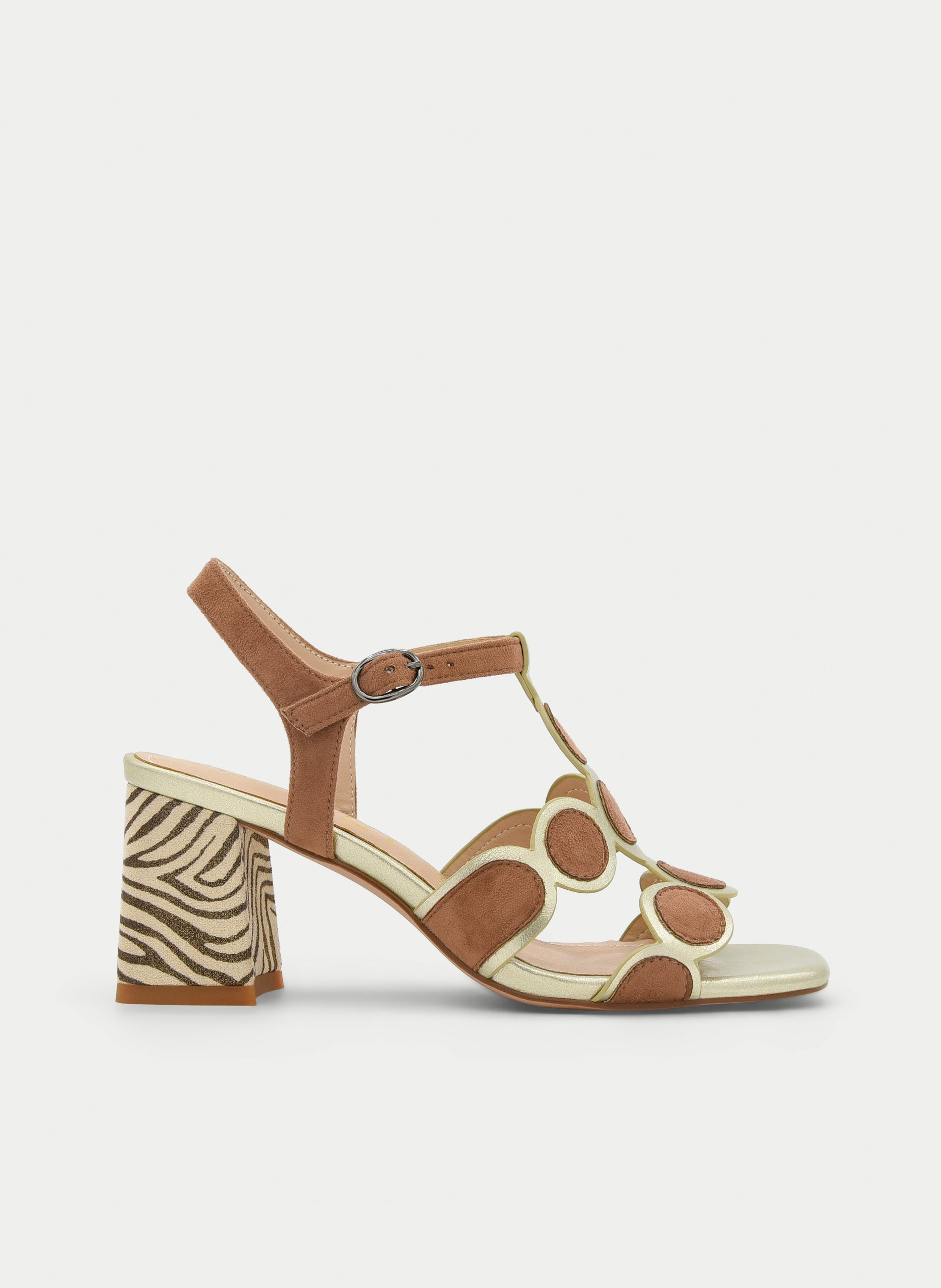 CAMEL SANDAL WITH ANIMAL PRINT HEEL AND CIRCLE DETAILS