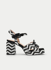 WOVEN BLACK AND WHITE PLATFORM HEEL SANDAL WITH BUCKLE